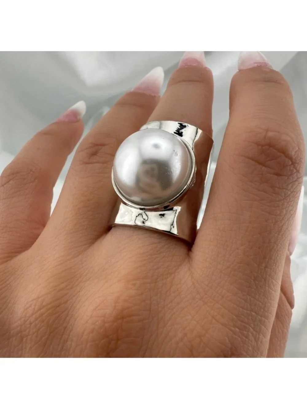 Zara new! Women’s Silver adjustable Pearl Statement Ring_5